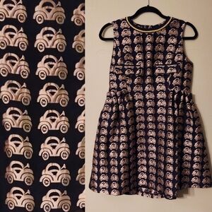 Connie & Na Mini Dress - Navy Blue & Gold Car Print -Sleeveless -Size Large NWOT
